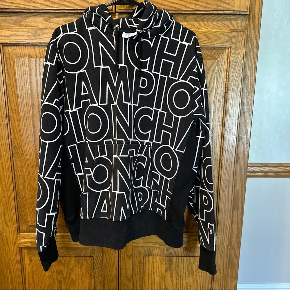 Champion Black and White Men's Hooded Sweatshirt